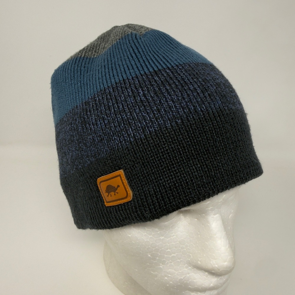 Turtle Fur Mens Blue Grey‎ Striped Fleece Lined Wool Blend Knit Beanie Hat
